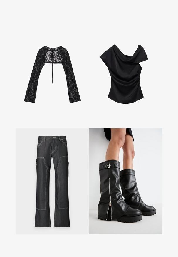 Even&Odd Cardigan - black; Black off-the-shoulder top with draped neckline, fitted shape, and smooth texture. Features gathered detail on the side seam.; Dark denim cargo pants with white contrast stitching, featuring multiple pockets and a flared leg design. Durable fabric and metal button closure.; Black leather knee-high boots with a wide shaft, featuring a side zipper and buckle accent, textured finish, and chunky rubber sole.