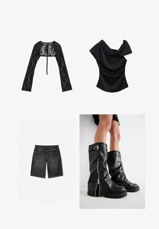 Even&Odd Cardigan - black; Top negru, cu umeri goi, cu decolteu drapat, formă ajustată și textură netedă. Prezintă detalii strânse pe cusăturile laterale.; Șorturi din denim gri închis cu croială dreaptă, având două buzunare pe spate și cusături subtile în contrast. Țesătura are o textură netedă.; Bocanci din piele negri, până la genunchi, cu un ștaif larg, având un fermoar pe lateral și accent cu cataramă, finisaj texturat și talpă din cauciuc masiv.