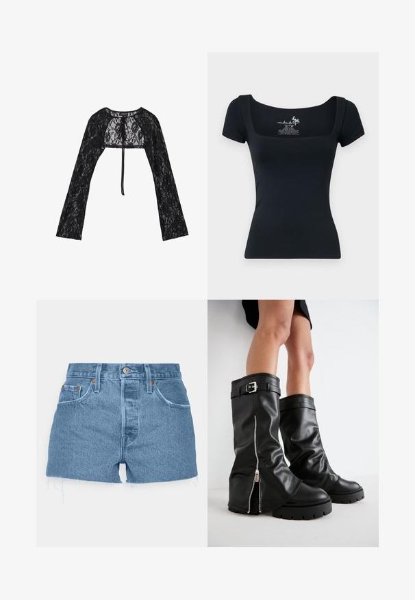 Even&Odd Neuletakki - black; Musta slim-fit t-paita lyhyillä hihoilla ja neliönmuotoisella pääntiellä. Valmistettu sileästä, venyvistä kankaista. Sisäpuolella pääntiellä painettu etiketti.; Levi's® 501® ORIGINAL - Farkkushortsit - ojai light stone; Musta nahkainen polvipitkä saappaat, joissa on leveä varsi, sivuzip, solkiyksityiskohta, teksturoidu pinta ja paksu kumipohja.