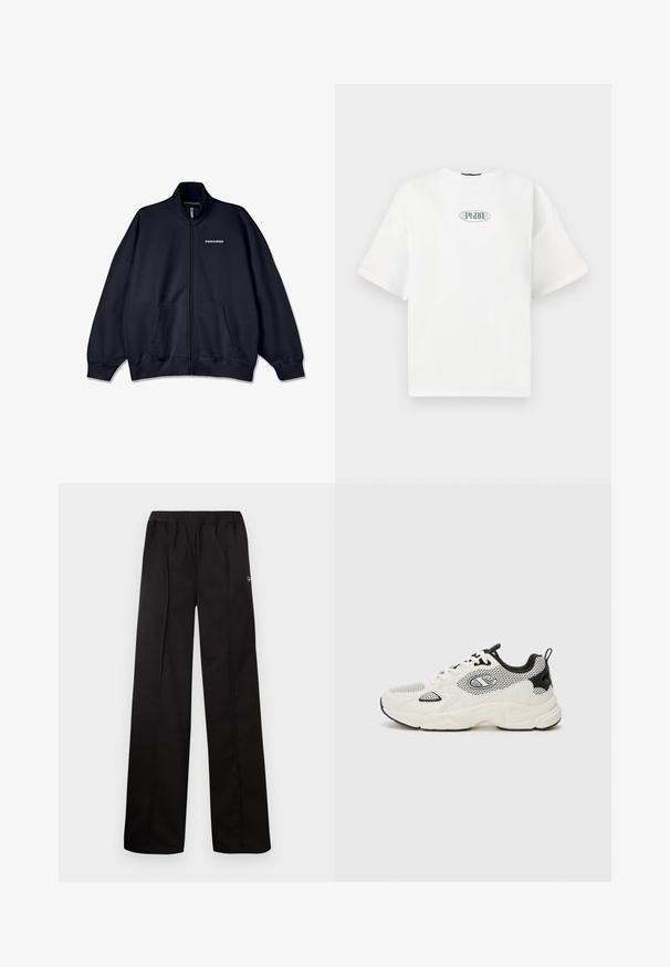 Námornícky zipsový sveter vyrobený z mäkkého materiálu, s vysokým golierom, dlhými rukávmi, prednými vreckami a logom "PEGADOR" na hrudi.; Biela tričko s krátkym rukávom vyrobené z bavlny, s grafickým logom v zelenej farbe v oválnom tvare umiestneným na strede hrude.; Čierne, voľné nohavice s elastickým pásom. Vyrobené z mäkkého materiálu s minimálnym detailovaním, s malým logom na jednej strane.; Champion COUNTESS EVOLVE - Tréningová obuv - white/black