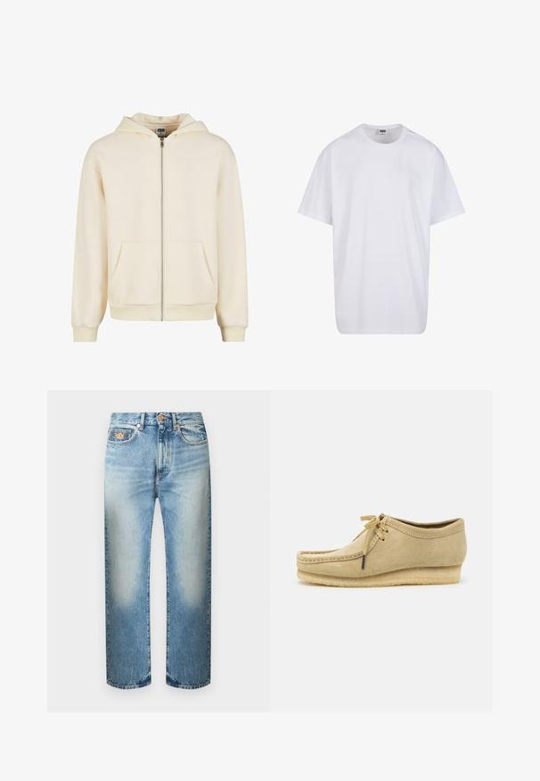 Kremkrāsas zip-up džemperis, izgatavots no mīkstas auduma, ar oderētu kapuci, priekšējām kabatām un ribota tipa aprocēm un apakšmalu, nodrošinot pieguļošu fit.; Balta kokvilnas T-kreklu ar īsām piedurknēm, apaļu kakla izgriezumu, brīvu piegriezumu un bez redzamām logo vai rakstiem. Gluda tekstūra un minimālistisks dizains.; Gaiši zili taisnas kājas džinsa džinsi ar izbalējušām vietām, piecu kabatu dizains, jostas cilpas un pogas aizdare pie jostasvietas.; Bēša zamšādas kurpe ar auklām, ar šuvju detaļām un gumijas zoli. Forma ir ikdienas, ar nedaudz paceltu papēdi.