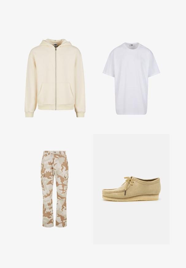 Krémová mikina na zips vyrobená z mäkkej látky, s podšitým kapucňou, prednými vreckami a rebrovanými manžetami a spodkom pre tesný fit.; Biela bavlnená tričko s krátkymi rukávmi, okrúhlym výstrihom, uvoľneným strihom a žiadnymi viditeľnými logami alebo vzormi. Hladká textúra a minimálny dizajn.; Béžové maskáčové cargo nohavice so bočnými vreckami, vyrobené z látky s hladkým povrchom, s rovnými nohavicami a zapínaním na gombík.; Bežové semišové topánky s dizajnom na šnurovanie, prešívaním a gumovou podrážkou. Tvar je neformálny s mierne vyvýšeným opätkom.