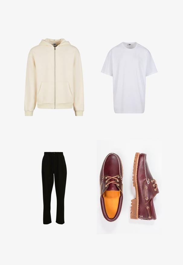 Felpa zip-up crema realizzata in tessuto morbido, con cappuccio foderato, tasche frontali e polsini e orlo a costine per una vestibilità aderente.; Maglietta bianca in cotone con maniche corte, scollatura rotonda, vestibilità comoda e senza loghi o motivi visibili. Texture liscia e design minimale.; Pantaloni neri a coste con vita elastica, dotati di cordino e gamba larga. Il tessuto è morbido con una texture liscia.; Scarpe in pelle bordeaux con suole in gomma marrone, punta rotonda, cuciture bianche e occhielli dorati. L'interno presenta un rivestimento giallo.