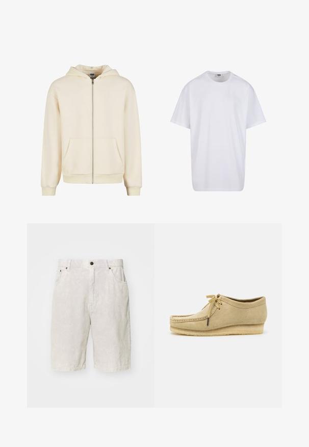 Cream zip-up hoodie made of soft fabric, featuring a lined hood, front pockets, and ribbed cuffs and hem for a snug fit.; White cotton t-shirt with short sleeves, rounded neckline, relaxed fit, and no visible logos or patterns. Smooth texture and minimal design.; Gray corduroy shorts with a textured surface, featuring a button closure, belt loops, and two side pockets.; Beige suede shoe with a lace-up design, stitched detailing, and a rubber sole. The shape is casual with a slight wedge heel.