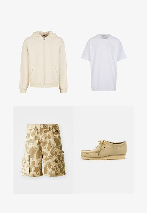 Cream zip-up hoodie made of soft fabric, featuring a lined hood, front pockets, and ribbed cuffs and hem for a snug fit.; White cotton t-shirt with short sleeves, rounded neckline, relaxed fit, and no visible logos or patterns. Smooth texture and minimal design.; Khaki cargo shorts with a camouflage pattern in shades of brown. Features an elastic waistband, side pockets, and fabric loop detailing.; Beige suede shoe with a lace-up design, stitched detailing, and a rubber sole. The shape is casual with a slight wedge heel.