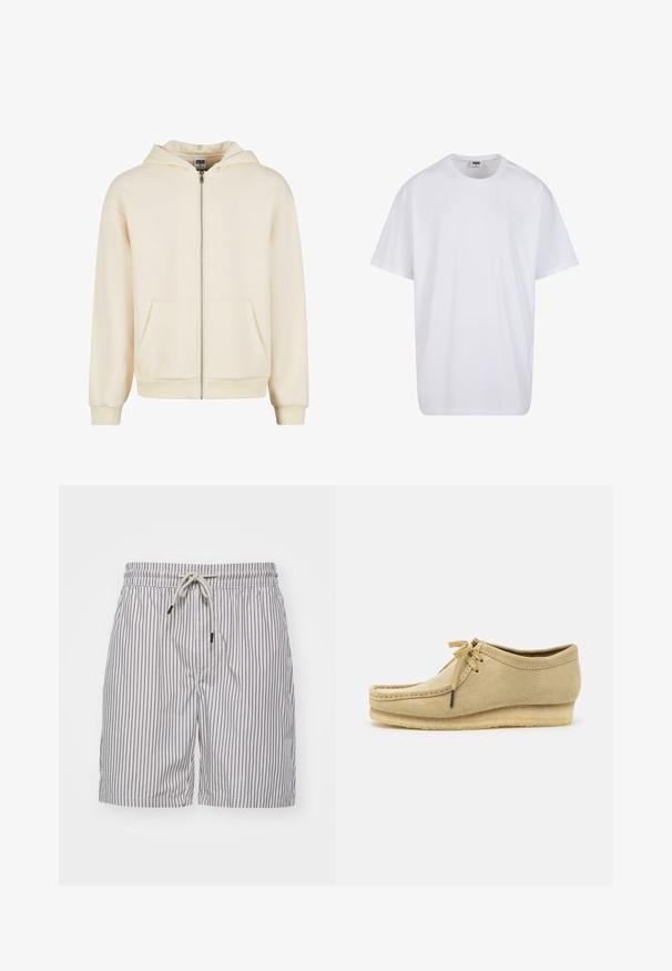 Cremfarbener Zip-Hoodie aus weichem Stoff, mit gefütterter Kapuze, frontalen Taschen und gerippten Bündchen sowie Saum für einen engen Sitz.; Weiße Baumwoll-T-Shirt mit kurzen Ärmeln, rundem Ausschnitt, lockerer Passform und ohne sichtbare Logos oder Muster. Glatte Textur und minimalistisches Design.; Gestreifte Badeshorts aus leichtem Stoff; mit blauen vertikalen Streifen, elastischem Bund mit Kordelzug und Seitentaschen.; Beige Wildlederschuh mit Schnürdesign, gestickten Details und Gummisohle. Die Form ist lässig mit einem leichten Keilabsatz.