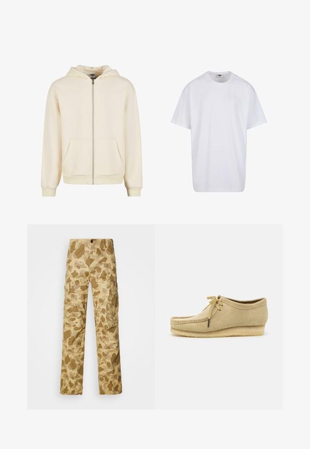 Haut à zip crème en tissu doux, doté d'une capuche doublée, de poches avant et de poignets et ourlet côtelés pour un ajustement parfait.; T-shirt en coton blanc avec des manches courtes, un col rond, une coupe décontractée et sans logos ni motifs visibles. Texture lisse et design minimaliste.; Pantalons cargo beiges avec un motif camouflage marron clair, dotés de deux poches latérales et d'une coupe droite. Tissu texturé avec des rayures discrètes.; Chaussure en daim beige avec un design à lacets, des détails cousus et une semelle en caoutchouc. La forme est décontractée avec un léger talon compensé.