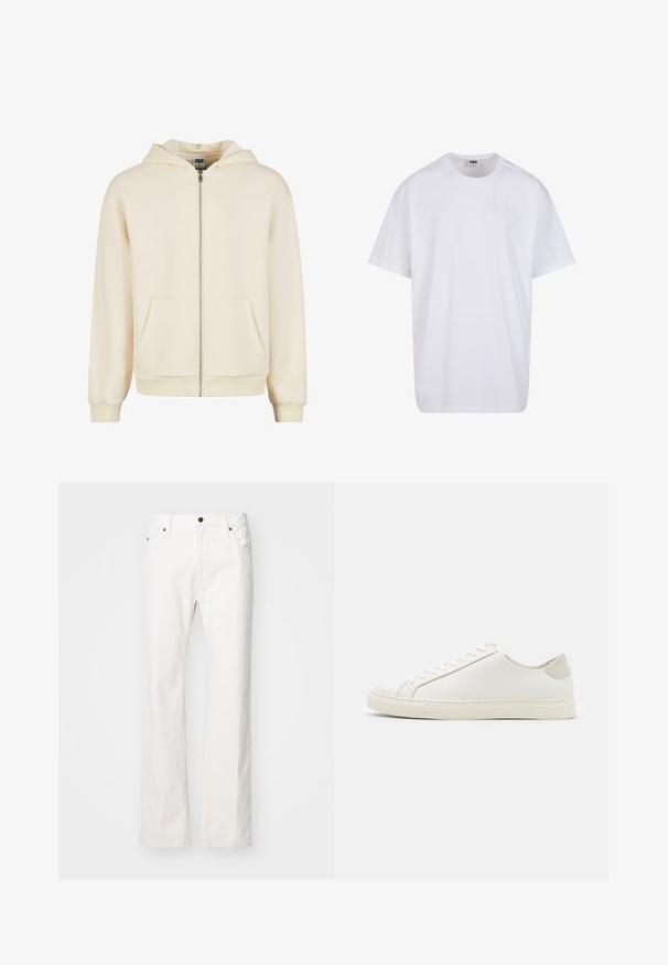 Sudadera cremosa con cremallera hecha de una tela suave, que cuenta con una capucha forrada, bolsillos frontales y puños y dobladillo acanelados para un ajuste ceñido.; Camiseta blanca de algodón con mangas cortas, cuello redondo, corte relajado y sin logotipos ni patrones visibles. Textura suave y diseño minimalista.; Jeans de mezclilla blanca con un diseño de pierna recta, que presentan un estilo de cinco bolsillos, un cierre de botón metálico y detalles de costura mínimos.; Zapatilla blanca de cuero con una superficie suave, punta redonda y diseño minimalista. Presenta acentos en beige en el talón y una suela de goma.