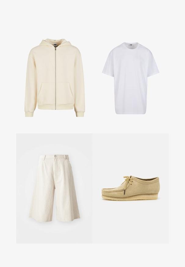 Crème kleurige zip-up hoodie gemaakt van zachte stof, met een gevoerde capuchon, voorzakken en ribbelmanchetten en -zoom voor een aansluitende pasvorm.; Witte katoenen t-shirt met korte mouwen, ronde hals, relaxte pasvorm en zonder zichtbare logo's of patronen. Gladde textuur en minimalistisch ontwerp.; Beige wijde shorts van katoen, met een rechte snit, voorzakken en een zichtbare knoopsluiting in de taille.; Beige suède schoen met een vetersluiting, gestikte details en een rubberen zool. De vorm is casual met een lichte sleehak.
