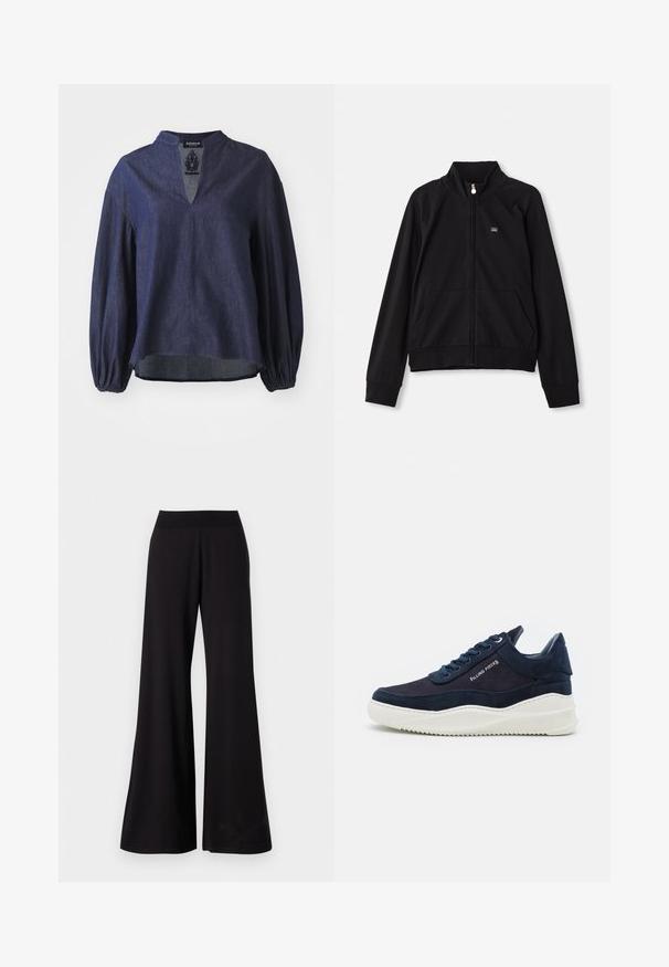 Sort zip-jakke med ståkrave, to frontlommer, ribbede manchetter og et lille logo på venstre bryst. Fremstillet af blødt, glat stof.; Marineblå, langærmet skjorte lavet af tekstureret denim, med en delt halsudskæring og let gathered manchetter samt et afslappet fit design.; Sorte bukser med brede ben lavet af glat stof med en høj, strækbar talje. Bukserne har fuld længde og et enkelt design uden mønstre.; Mørk navy ruskind sneakers med hvide gummisåler, rund tå og snørebåndsdesign. Har logodetalje på siden og strukturerede accenter.