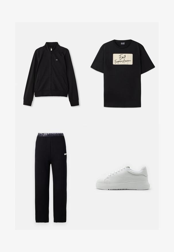 Casaco preto com fecho éclair, gola alta, dois bolsos frontais, punhos canelados e um pequeno logo no lado esquerdo do peito. Feito de tecido macio e suave.; T-shirt de algodão preta com um logótipo retangular em cor creme e texto em estilo manuscrito. Mangas curtas e um corte standard.; Calças de jogging pretas com uma textura suave e elegante, apresentando uma cintura elástica com um logótipo e um detalhe de destaque lateral. Design de perna reta.; Sapatilhas brancas com um upper de couro texturizado, bico arredondado e design de atacadores. Sola grossa de borracha branca com padrão de aderência texturizado.