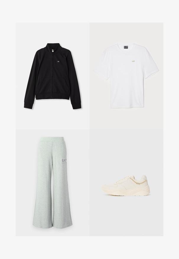 Melnā ar rāvējslēdzēju aizverama jaka ar stāvošu apkakli, divām priekšējām kabatām, ribotām piedurknēm un mazu logotipu kreisajā krūtī. Izgatavota no mīkstas, gludas auduma.; Balts kokvilnas T-krekls ar īsām piedurknēm, apaļu kakla izgriezumu, ar mazu zeltītu EA7 logotipu kreisajā krūšu daļā.; Gai pelēki platajiem bikšu krokām izgatavoti no mīksta auduma, ar gludu elastīgu jostasvietu un nelielu EA7 logotipu kreisajā pusē.; Kremkrāsas kedas ar gludu ādas augšdaļu, fakturētām akcentēm, šuvju detaļām un masīvu gumijas zoli. Iekļauta maza dekoratīva ķēdīte.