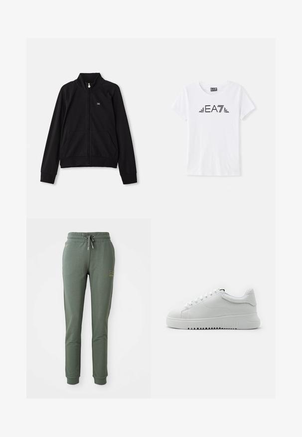 Casaco preto com fecho éclair, gola alta, dois bolsos frontais, punhos canelados e um pequeno logo no lado esquerdo do peito. Feito de tecido macio e suave.; T-shirt de algodão branca com decote redondo e mangas curtas. Apresenta um logótipo EA7 preto e detalhes listrados no design.; Calças de fato de treino verdes feitas de um tecido suave, com um cós elástico com cordão e punhos nos tornozelos. Detalhe do logótipo dourado de um lado.; Sapatilhas brancas com um upper de couro texturizado, bico arredondado e design de atacadores. Sola grossa de borracha branca com padrão de aderência texturizado.
