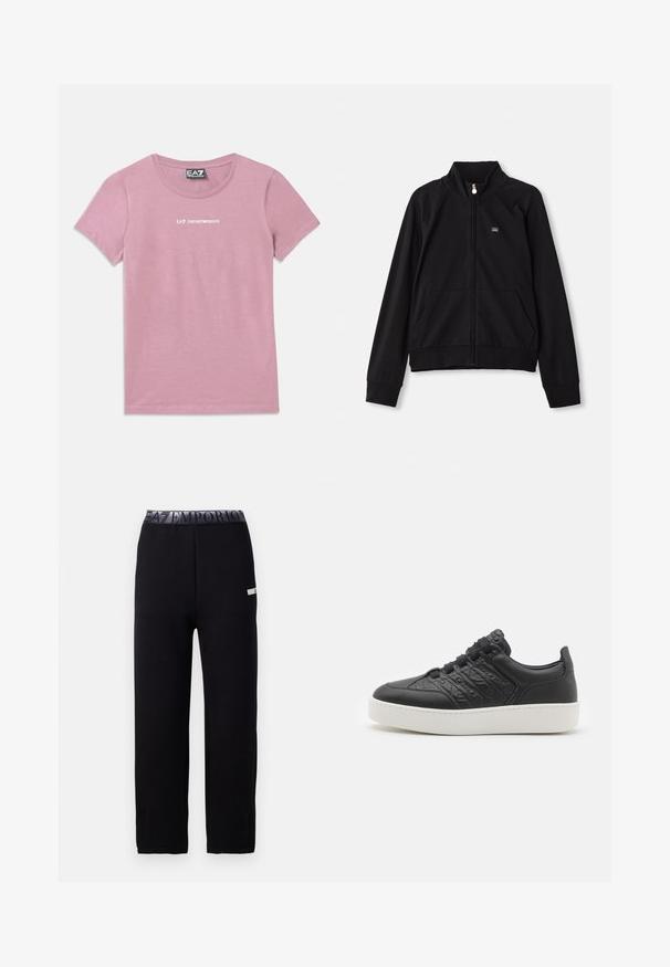 Černá zipová bunda s stojáčkem, dvěma předními kapsami, žebrovanými manžetami a malým logem na levém prsu. Vyrobena z měkké, hladké tkaniny.; Růžové tričko s krátkým rukávem, kulatým výstřihem a bílým logem "EA7 Emporio Armani" umístěným na hrudi a štítku na krku.; Černé joggingové kalhoty s hladkým, měkkým povrchem, s elastickým pasem se znakem a bočními akcenty. Rovný střih nohavic.; Emporio Armani SLANG - Tenisky - black
