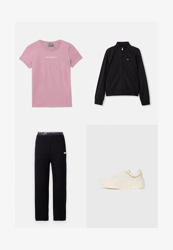 Casaco preto com fecho éclair, gola alta, dois bolsos frontais, punhos canelados e um pequeno logo no lado esquerdo do peito. Feito de tecido macio e suave.; T-shirt rosa de mangas curtas com decote redondo e logotipo branco "EA7 Emporio Armani" centralizado no peito e etiqueta no pescoço.; Calças de jogging pretas com uma textura suave e elegante, apresentando uma cintura elástica com um logótipo e um detalhe de destaque lateral. Design de perna reta.; Sapatilhas de cor creme com uma parte superior em couro suave, acabamentos texturizados, detalhes cosidos e uma sola de borracha grossa. Apresenta uma pequena corrente decorativa.
