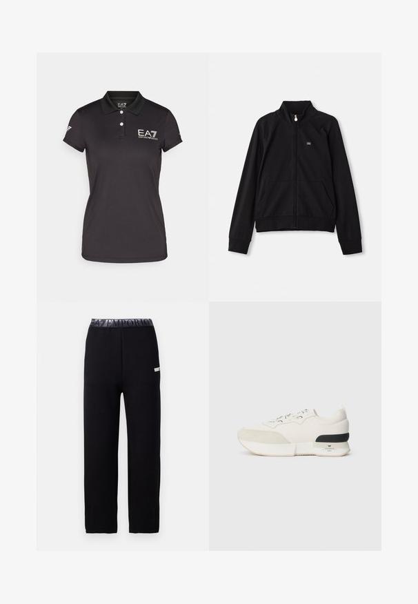 Svart zip-up-jacka med ståkrage, två framfickor, ribbad mudd och en liten logotyp på vänster bröst. Tillverkad av mjukt, slätt tyg.; Svart polo skjorta i texturerad tyg med krage, två knappar och broderad EA7-logga på bröstet och ärmen. Korta ärmar.; Svarta joggerbyxor med en slät, mjuk textur, med ett elastiskt midjeband med en logotyp och sidodetaljer. Rakt ben-design.; Vit sneakers med en texturerad mocka tåbox, slät meshovandel, dekorativa snören och en svart gummihälaccents.