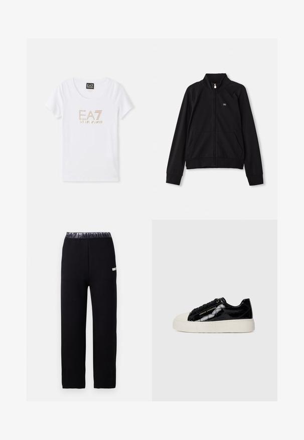 Svart hettejakke med glidelås og ståkrage, to frontlommer, ribbestrikkede mansjetter og en liten logo på venstre bryst. Laget av myk, glatt stoff.; Hvit bomull T-skjorte med rund hals, med et gullfarget strass-logo "EA7 EMPORIO ARMANI" sentrert på forsiden.; Sorte joggebukser med en elegant, myk tekstur, med elastisk liv med logo og siddekorasjon. Rett ben-design.; Lave sneakers med sort blank krokodillemønster, beige gummisåle og tåhette, sorte snørebånd og gull "Armani Exchange" merkevare på siden.