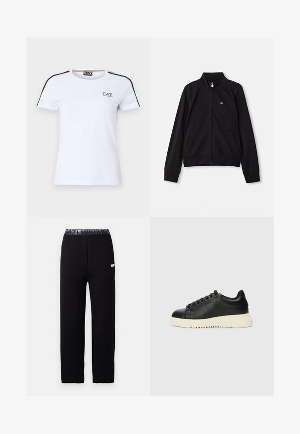 Zwarte zip-up jas met een opstaande kraag, twee voorklauwen, geribbelde manchetten en een klein logo op de linkerborst. Gemaakt van zachte, gladde stof.; Wit katoenen T-shirt met korte mouwen, voorzien van contrasterende zwarte en groene strepen op de schouders en een klein EA7-logo op de borst.; Zwarte joggers met een gladde, zachte textuur, voorzien van een elastische tailleband met een logo en accentdetails aan de zijkant. Recht gesneden broekspijpen.; Zwarte leren sneaker met een gestructureerde afwerking, voorzien van een ronde punt, zes zwarte veterogen en een witte rubberen zool met groeven.