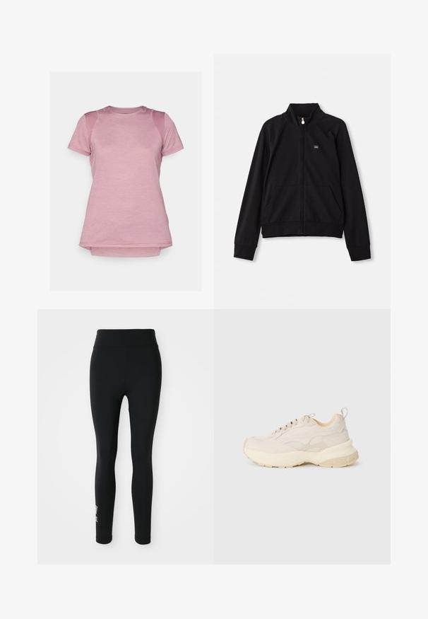 Black zip-up jacket with a stand collar, two front pockets, ribbed cuffs, and a small logo on the left chest. Made of soft, smooth fabric.; Short-sleeve athletic t-shirt in light pink, featuring a smooth texture, mesh shoulder accents, and a rounded hem.; Black leggings made of stretchy fabric, featuring a high waistband and a small printed logo on one leg. Smooth texture, form-fitting design.; Beige sneakers with smooth upper, textured accents, and chunky off-white sole. Features laces and a loop at the heel for easy wear.