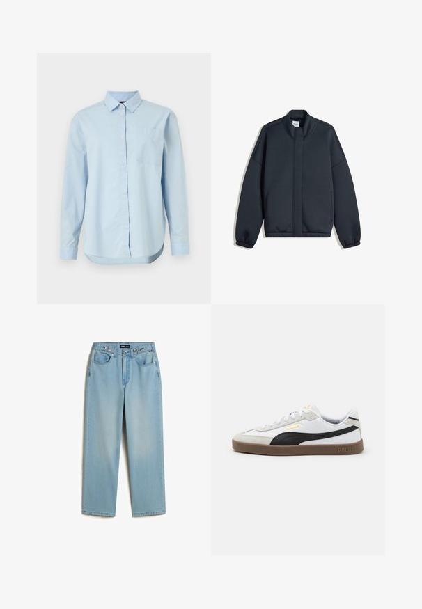 Felpa grigia scura con colletto alto, spalle basse e polsini elasticizzati. Presenta un design minimalista e tasche laterali. Texture liscia.; Camicia button-up azzurra in cotone, caratterizzata da un colletto classico, maniche lunghe, una tasca sul petto e orlo curvo.; Vans CINCHED CHECK 5 - Jeans a sigaretta - light stonewash; Sneaker bianco in pelle con accento in suede nero, punta rotonda, suola piatta in gomma marrone e logo dorato in rilievo sul lato. Lacci e collo imbottito.