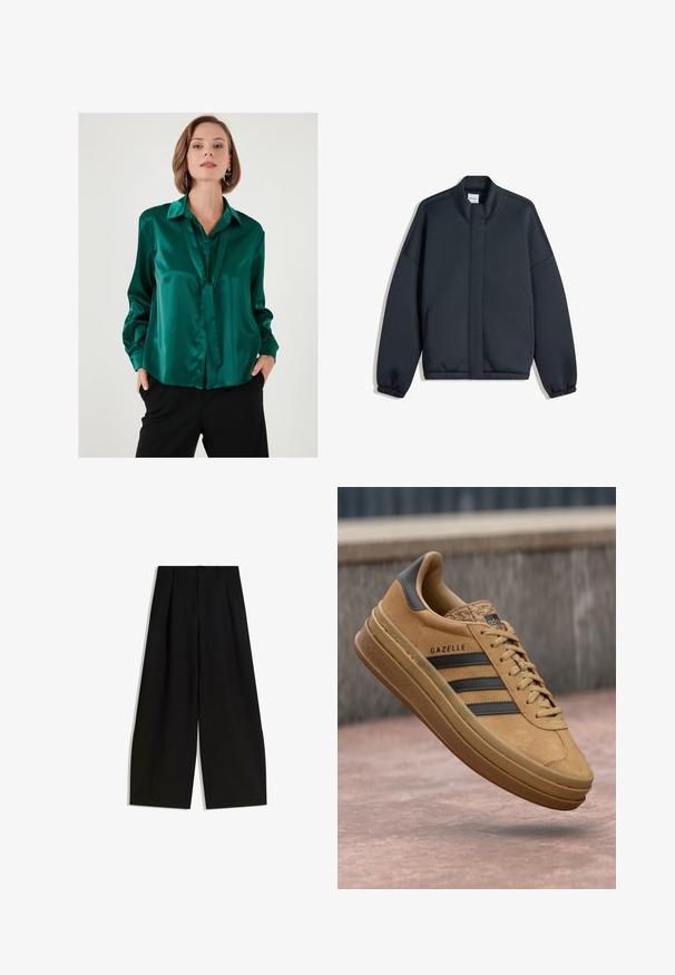 Dark gray sweatshirt with a high collar, dropped shoulders, and elastic cuffs. Features a minimalist design and side pockets. Smooth texture.; Emerald green satin blouse with a flat collar, long sleeves, and a tie detail at the front. Smooth texture and relaxed fit.; Black wide-leg trousers made of smooth fabric, featuring a high waist, pleats at the front, and no visible embellishments or patterns.; Tan suede sneakers with a smooth texture, featuring three dark stripes, a rounded toe, and a thicker sole with a patterned edge.