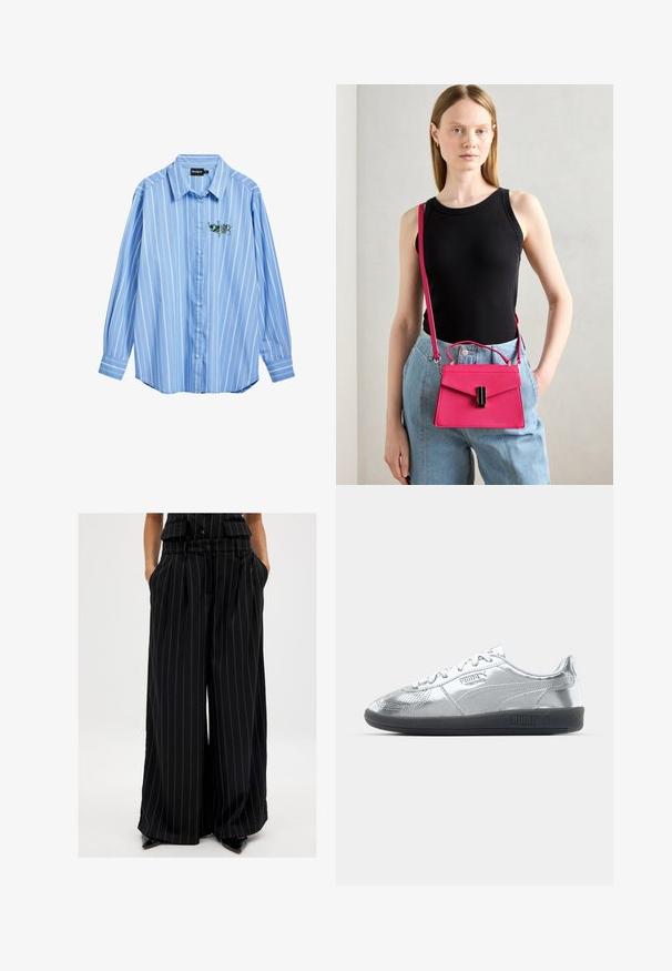 Tummanharmaa huppari, jossa on korkea kaulus, alemmat olkalinjat ja joustavat hihansuut. Siinä on minimalistinen muotoilu ja sivutaskut. Silkkinen pinta.; Vaaleansininen nappikauluspaita, jossa on valkoisia pystysuoria raitoja, pitkät hihat ja rento sovitus. Rintataskussa on brodeerattu kukkakuvio.; Mustat leveälahkeiset housut, valmistettu sileästä kankaasta, jossa on pystysuorat raidat. Varustettu vyöllä ja sivutaskuilla.; Hopeat tennis kengät sileällä, heijastavalla päällisellä, joissa on mustat kumipohjat ja klassinen nauhakiinnitys. Puma-logo sivussa.; Vaaleanpunainen rakenteellinen käsilaukku, jossa on läppäkiinnitys ja musta korostusmetalli. Käytetään ristikädessä pitkän hihnan kanssa. Sileä pinta.