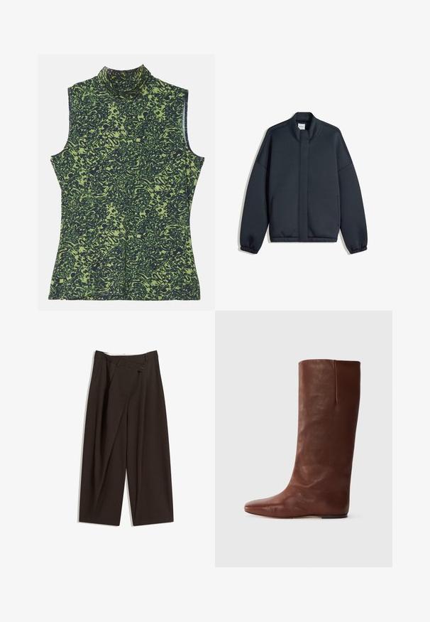 Tamno siva dukserica s visokim ovratnikom, spuštenim ramenima i elastičnim manžetama. Ima minimalistički dizajn i bočne džepove. Glatka tekstura.; Majica bez rukava s visokim ovratnikom u zelenoj i tamnoplavoj kombinaciji, s teksturiranim, organskim motivom. Mekana tkanina s opuštenim krojem.; Tamno smeđe široke hlače s visokim strukom, s jednim dugmadi na zakopčavanju i pregibom sprijeda. Izrađene od laganog materijala.; Smeđa kožna čizma do koljena sa špicastim vrhom, glatke teksture, minimalnim šavovima i ravnim siluetom. Ravni potplat bez vidljivih metalnih dijelova.