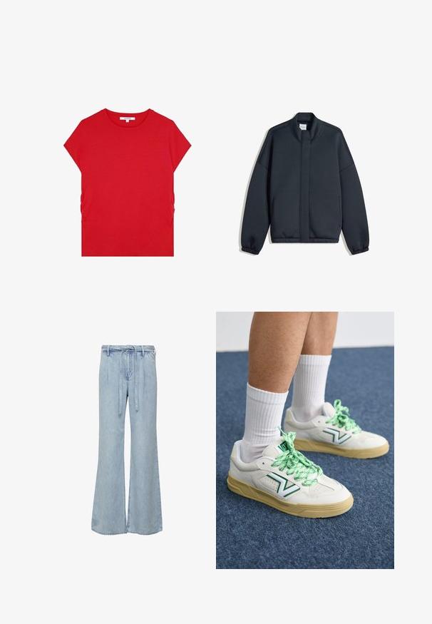 Dunkelgrauer Sweatshirt mit hohem Kragen, überschnittenen Schultern und elastischen Bündchen. Hat ein minimalistisches Design und Seitentaschen. Glatte Textur.; Rotes Baumwoll-T-Shirt mit kurzen Ärmeln, rundem Ausschnitt und gerafften Details an den Seiten, das eine glatte Textur und ein minimalistisches Design aufweist.; Hellblaue weit geschnittene Jeans aus Denim. Mit einem Kordelzugbund und einer lockeren Passform, mit dezentem Verblassen und gestickten Details.; Weißer Sneaker mit grünen Schnürsenkeln und Akzenten, mit runder Zehenpartie und strukturiertem Sohlen. Tragen mit weißen Crew-Socken auf einer blauen Fläche.