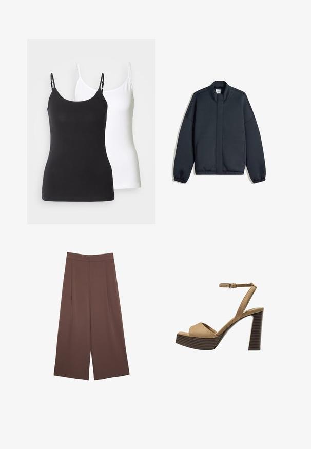 Ciemnoszara bluza z wysokim kołnierzem, obniżonymi ramionami i elastycznymi mankietami. Posiada minimalistyczny design i boczne kieszenie. Gładka tekstura.; Czarno-białe bawełniane koszulki na ramiączkach z regulowanymi cienkimi paskami, o dopasowanym kroju i gładkiej fakturze.; Brązowe spodnie o szerokich nogawkach z gładką fakturą, z wysokim stanem i plisami z przodu. Materiał jest lekki i luźno opada.; Beżowe zamszowe sandały na wysokim obcasie z szerokim paskiem z przodu i paskiem za kostkę, z masywnym drewnianym obcasem o teksturowanym wykończeniu.