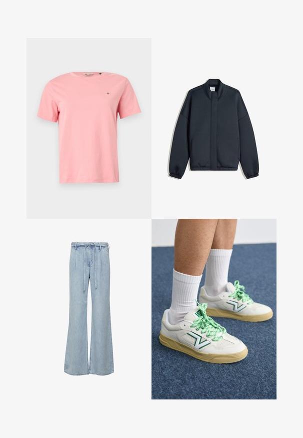 Dark gray sweatshirt with a high collar, dropped shoulders, and elastic cuffs. Features a minimalist design and side pockets. Smooth texture.; Pink cotton T-shirt with a round neckline, short sleeves, and a small embroidered logo on the left chest. Smooth texture, casual fit.; Light blue wide-leg jeans made from denim. Feature a drawstring waist and a relaxed fit with subtle fading and stitch detailing.; White sneaker with green laces and accents, featuring a rounded toe and textured sole. Worn with white crew socks on a blue surface.