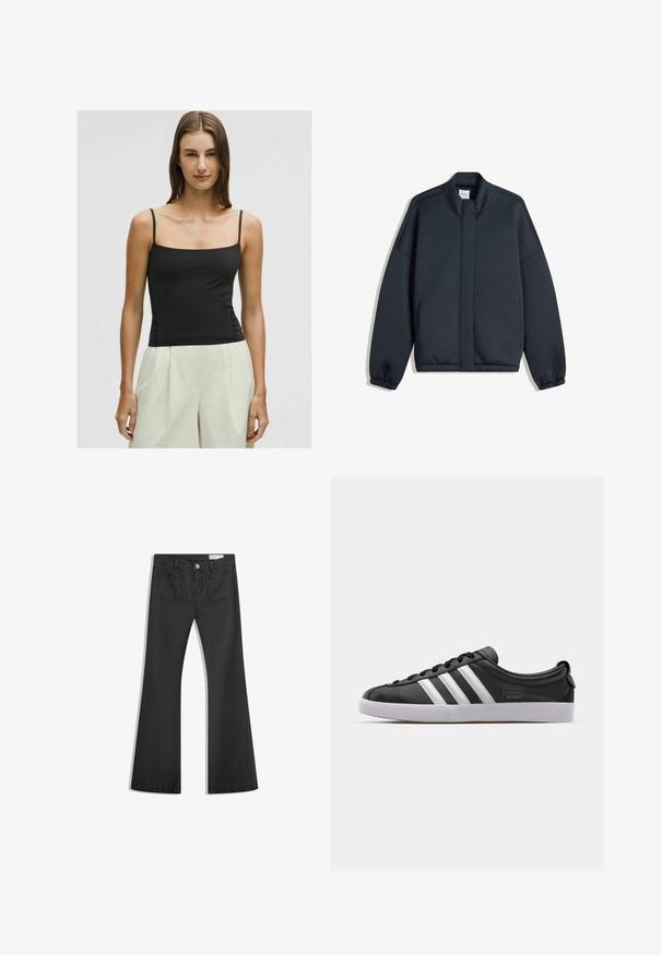 Sötétszürke pulóver magas gallérral, ejtett vállakkal és rugalmas mandzsettákkal. Minimalista dizájn és oldalsó zsebek jellemzik. Simább textúra.; Fekete pántos top négyzet alakú nyakkivágással és testhez simuló szabással, sima, könnyű anyagból készült. Halvány, bő szabású nadrággal párosítva.; Fekete, sima textúrájú farmer flare nadrág, két hátsó zsebbel és gombos derékkal.; Fekete bőr sneaker fehér háromcsíkkal, kerek orral, lapos fehér gumitalppal és márkázott részlettel az oldalon.