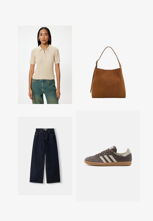Donkergrijze sweatshirt met een hoge kraag, verlaagde schouders en elastische manchetten. Beschikt over een minimalistisch ontwerp en zijzakken. Glad textuur.; Beige geribde polo met een omgeslagen kraag, korte mouwen en vijf knopen. Draagt het met vervaagde blauwe wijde pijpen jeans.; Donkerblauwe denim wijduitlopende jeans met een hoge taille, vijf zakken, contrasterende stiksels en zilveren metalen hardware. Gladde textuur en een nette afwerking.; Bruine leren sneaker met drie lichtgekleurde strepen, rubberen gumzool, ronde neus en gestructureerde nubuck accenten op de hiel en neus.; Bruine suède schoudertas met een gebogen bovenkant, enkele strap en een gladde textuur. Kenmerkt zich door een minimalistisch ontwerp en strakke lijnen.