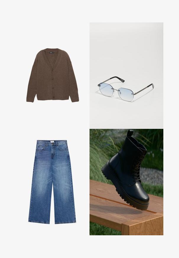 Cardigan lavorato a maglia marrone con scollo a V, polsini e orlo a coste, e cinque grandi bottoni sulla parte anteriore. Tessuto morbido con una vestibilità rilassata.; Camicia bianca con bottoni, realizzata in tessuto morbido, con colletto classico, maniche lunghe e orlo curvo. Presenta bottoni beige sul davanti.; Jeans a gamba larga in denim azzurro chiaro, con chiusura a bottoni, quattro tasche e una texture leggermente sbiadita su tutto il tessuto.; Stivaletto nero in pelle con superficie texturizzata, parte anteriore con lacci e suola alta e rigida. Esibito su una superficie di legno con uno sfondo di erba.; Privé Revaux TRACK STAR UNISEX - Occhiali da sole - grey