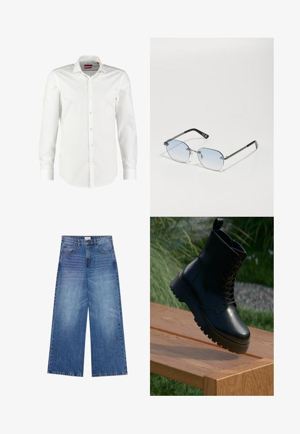 Cardigan lavorato a maglia marrone con scollo a V, polsini e orlo a coste, e cinque grandi bottoni sulla parte anteriore. Tessuto morbido con una vestibilità rilassata.; Camicia bianca a maniche lunghe con bottoni realizzata in cotone liscio. Presenta un colletto classico, patta anteriore pulita e polsini con bottone.; Jeans a gamba larga in denim azzurro chiaro, con chiusura a bottoni, quattro tasche e una texture leggermente sbiadita su tutto il tessuto.; Stivaletto nero in pelle con superficie texturizzata, parte anteriore con lacci e suola alta e rigida. Esibito su una superficie di legno con uno sfondo di erba.; Privé Revaux TRACK STAR UNISEX - Occhiali da sole - grey