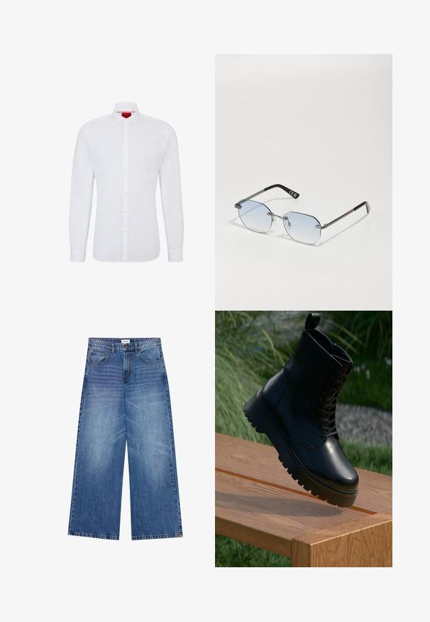 Brauner gestrickter Cardigan mit V-Ausschnitt, gerippten Bündchen und Saum sowie fünf großen Knöpfen auf der Vorderseite. Weicher Stoff mit lockerem Schnitt.; Weißes langärmliges Hemd aus Baumwolle mit Knopfverschluss, klassischem Kragen und subtiler Textur, mit einem roten Logo auf dem inneren Kragen.; Hellblaue Jeans im weit geschnittenen Stil, mit Knopfverschluss, vier Taschen und einer leicht verwaschenen Textur auf dem Stoff.; Schwarze Lederstiefelette mit strukturierten Oberflächen, Schnürung an der Vorderseite und robuster, gerillter Sohle. Auf einer Holzoberfläche mit Gras-Hintergrund präsentiert.; Privé Revaux TRACK STAR UNISEX - Sonnenbrille - grey