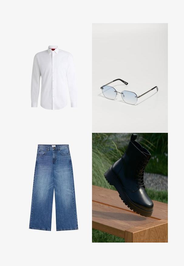 Brun stickad cardigan med V-ringning, ribbade ärmslut och fåll, samt fem stora knappar framtill. Mjuk textur med en avslappnad passform.; Vitt skjorta med knappar, tillverkad av mjukt tyg, med klassisk krage, långa ärmar och rundad nederkant. Har beige knappar fram.; Breda jeans i ljusblå denim, med knäppning, fyra fickor och en något urtvättad textur över tyget.; Svart läderankelboot med texturerad yta, snörning framtill och kraftig, räfflad sula. Utställd på en träytan med gräs i bakgrunden.; Privé Revaux TRACK STAR UNISEX - Solglasögon - grey