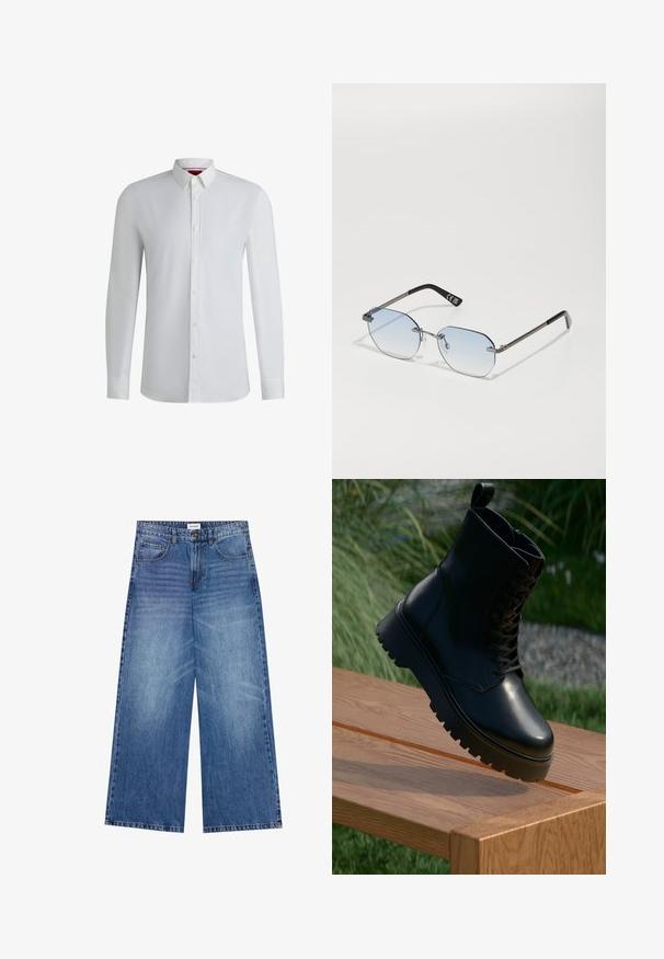 Smeđa pletena kardigan jakna s V-izrezom, rebrastim manžetama i rubom te s pet velikih dugmadi sprijeda. Mekana tekstura s opuštenim krojem.; Bijela košulja dugih rukava s dugmadi na ovratniku, koja ima glatku teksturu, ravni kroj i suptilne detalje duž prednjeg nabora.; Modre široke traperice od svijetlog denima, s kopčanjem na gumb, četiri džepa i blagim izblijedjelim uzorkom po tkanini.; Crne kožne gležnjače s teksturiranom površinom, vezanjem sprijeda i debelim, nazubljenim potplatom. Prikazane na drvenoj površini s pozadinom od trave.; Privé Revaux TRACK STAR UNISEX - Sunčane naočale - grey