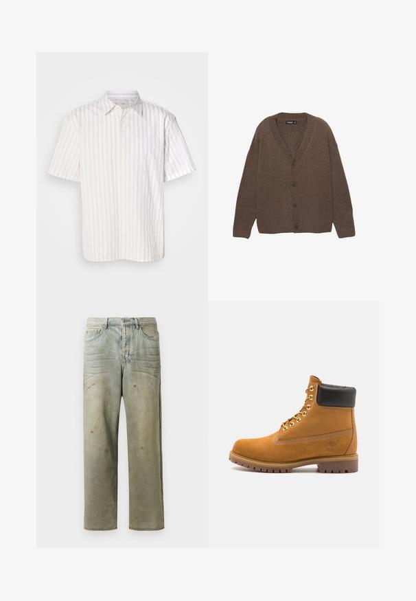 Bruine gebreide cardigan met een V-hals, geribbelde manchetten en onderzoom, en vijf grote knopen aan de voorkant. Zachte textuur met een relaxte pasvorm.; Korte mouw overhemd in het wit met dunne, verticale lichtbruine strepen, met knoopsluiting en een klassieke kraag. De stof lijkt glad en lichtgewicht.; Verweerde denim jeans in lichtgroen, met een rechte pijp, vijf-pocket ontwerp en ongelijkmatige vervaging met verfspatten.; Tan suède enkelboot met zwart gevoerd kraagje, gouden metalen oogjes, witte stikdetails en een robuuste rubberen zool met uitgesproken profiel.