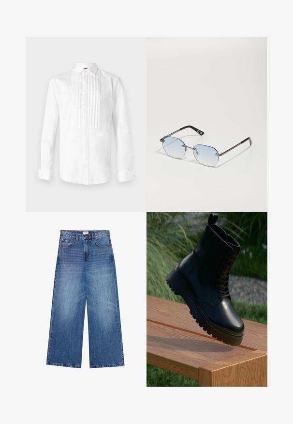 Brun strikket cardigan med V-udskæring, ribbede manchetter og kant, samt fem store knapper ned langs fronten. Blød tekstur med en afslappet pasform.; Hvid langærmet skjorte lavet af bomuld med klassisk krave, prydet med lodrette plisseringer foran og knapmanchetter.; Løse jeans i lyseblå denim med knaplukning, fire lommer og en let falmet struktur på stoffet.; Sort læder ankelstøvle med tekstureret overflade, snørebånd foran og kraftig, ribbet sål. Vist på en træoverflade med græsbaggrund.; Privé Revaux TRACK STAR UNISEX - Solbriller - grey