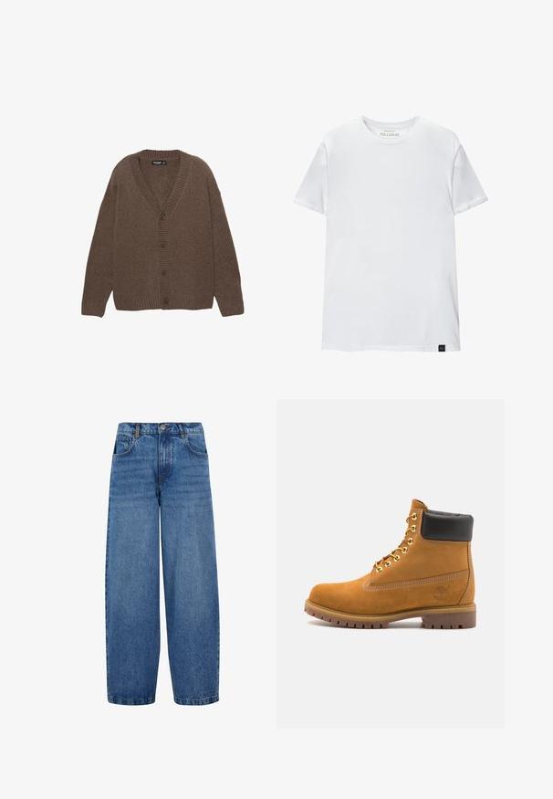 Rjav pleten cardigan z V-izrezom, rebrastimi manšetami in hemom ter petimi velikimi gumbi spredaj. Mehka textura in sproščen kroj.; Bela majica oprijetog kroja izrađena od pamuka. Okrugli izrez, kratki rukavi, glatka tekstura. Mala crna oznaka na rubu. Jednostavan dizajn.; Hlače širokih nogavic iz srednje modrega jeansa. Imajo visoko pas, klasičen pet-pocket dizajn in subtilno bledenje po nogah. Standarden rob.; Svetlo rjave anklne čizme iz semiša z črnim oblazinjenim ovratnikom, zlatimi kovinskimi očesci, belimi šivi in robustnim gumijastim podplatom s izrazitimi tredi.