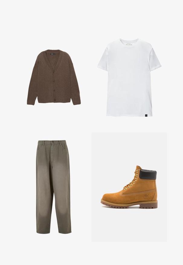 Brun stickad cardigan med V-ringning, ribbade ärmslut och fåll, samt fem stora knappar framtill. Mjuk textur med en avslappnad passform.; Vit muskelpassande t-shirt tillverkad i bomull. Rund hals, korta ärmar, slät textur. Litet svart logotag vid fållen. Enkelt design.; Ljusgröna byxor med vida ben gjorda av mjukt tyg. Har en knappstängning, framfickor och en jämn övergripande textur.; Tan mockasins ankelstövlar med svart vadderad krage, guldmetallöglor, vit sömdekor och slitstöt gummisula med utmärkta mönster.