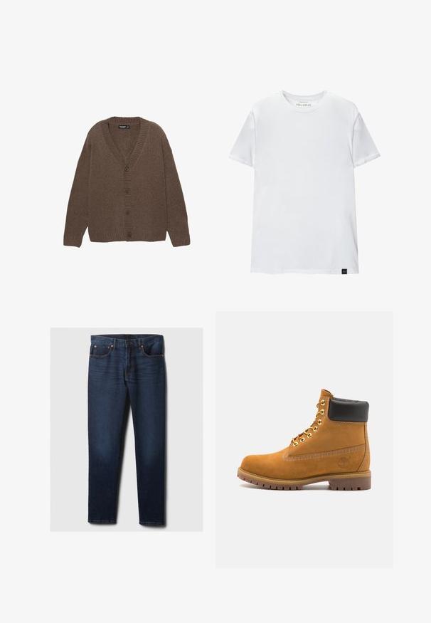 Rjav pleten cardigan z V-izrezom, rebrastimi manšetami in hemom ter petimi velikimi gumbi spredaj. Mehka textura in sproščen kroj.; Bela majica oprijetog kroja izrađena od pamuka. Okrugli izrez, kratki rukavi, glatka tekstura. Mala crna oznaka na rubu. Jednostavan dizajn.; Temno modri slim-fit kavbojki z rahlim zbledelostjo na sprednjih stegnah, bakreni zakoviki in klasičnim petim žepom, razporejeni na beli podlagi.; Svetlo rjave anklne čizme iz semiša z črnim oblazinjenim ovratnikom, zlatimi kovinskimi očesci, belimi šivi in robustnim gumijastim podplatom s izrazitimi tredi.