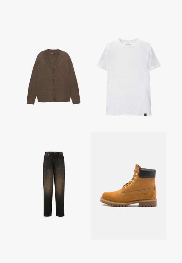 Smeđa pletena kardigan jakna s V-izrezom, rebrastim manžetama i rubom te s pet velikih dugmadi sprijeda. Mekana tekstura s opuštenim krojem.; Bijela majica uskog kroja od pamuka. Okrugli izrez, kratki rukavi, glatka tekstura. Mali crni logo na rubu. Jednostavan dizajn.; Tamni traperice s lagano izblijedjelim finišem, s ravnim nogavicama, dizajnom s pet džepova i metalnim kopčanjem.; Antracitne antilop čizme do gležnjeva s crnim podstavljenim ovratnikom, zlatnim metalnim rupicama, bijelim šavovima i robusnom gumenom potplatom s izraženim šarama.