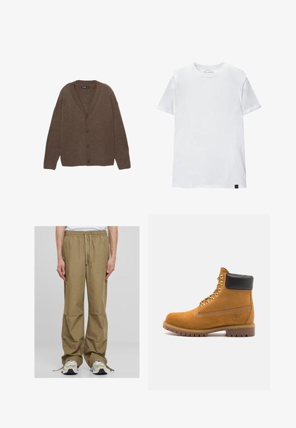Hnědý pletený kardigan s výstřihem do V, žebrovanými manžetami a lemem, a pěti velkými knoflíky vpředu. Měkká textura s uvolněným střihem.; Bílá tričko s těsným střihem vyrobené z bavlny. Kolečkový výstřih, krátké rukávy, hladká textura. Malá černá visačka s logem na lemu. Jednoduchý design.; Světle khaki cargo kalhoty s elastickým pasem, stahovací šňůrkou a širokým, volným střihem. Mají boční kapsy a hladký materiál.; Hnědé semišové kotníkové boty s černým polstrovaným límcem, zlatými kovovými očky, bílým prošíváním a odolnou gumovou podrážkou s výraznými drážkami.
