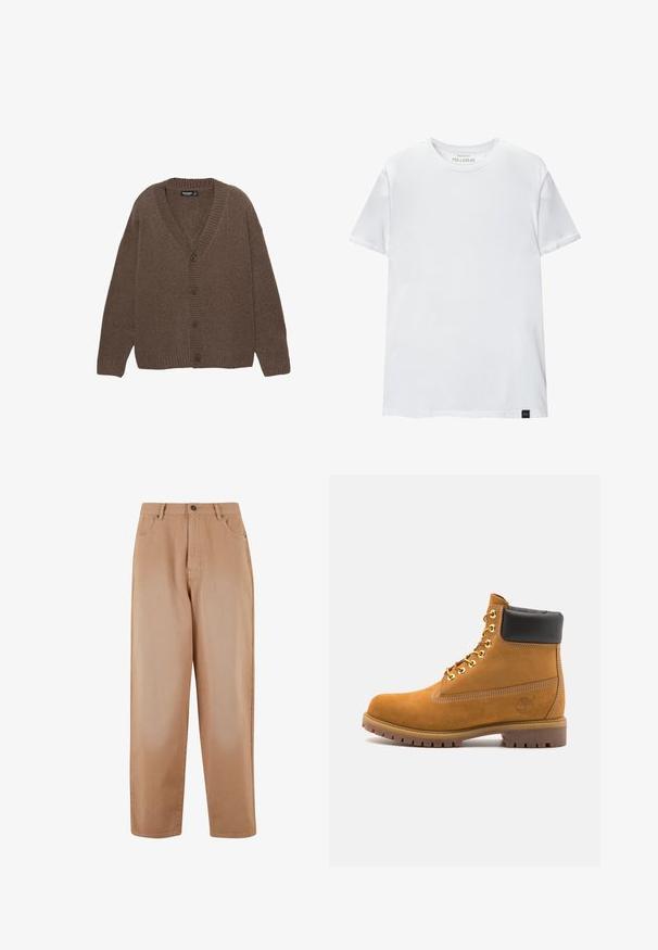 Hnedý pletený cardigan s výstrihom do V, rebrovanými manžetami a lemom, a piatimi veľkými gombíkmi na prednej strane. Mäkká textúra s voľným strihom.; Biela tričko priliehajúceho strihu vyrobené z bavlny. Okrúhly výstrih, krátke rukávy, hladká textúra. Malá čierna nášivka s logom na lemovaní. Jednoduchý dizajn.; Béžové nohavice s širokými nohavicami vyrobené z jemnej bavlny. Majú predné zapínanie na gombík a zips, päť vreciek a pútka na opasok.; Tyrkysové semišové členkové topánky s čiernym polstrovaným golierom, zlatými kovovými očkami, bielym prešívaním a robustnou gumovou podrážkou s výraznými drážkami.