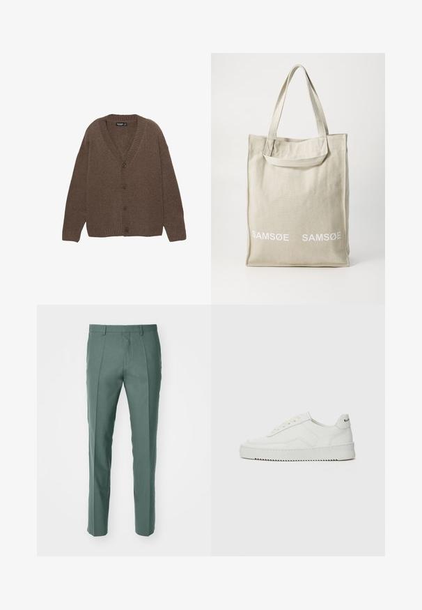 Brauner gestrickter Cardigan mit V-Ausschnitt, gerippten Bündchen und Saum sowie fünf großen Knöpfen auf der Vorderseite. Weicher Stoff mit lockerem Schnitt.; Weißes Baumwoll-T-Shirt mit kurzen Ärmeln, Rundhalsausschnitt und lässiger Passform. Enthält ein kleines Seitenlabel der Marke. Glatte Textur.; Maßgeschneiderte Hosen in einem gedämpften Grünton, aus strukturiertem Stoff gefertigt, mit geradem Bein und dezenten Vorderfalten.; Weiße Ledersneaker mit glatter Oberfläche, runder Zehenpartie, flachen Schnürsenkeln und strukturiertem Sohlenprofil. Mit einem dezenten Logo an der Ferse.; Leichte, beigefarbene Canvas-Tasche mit doppelten Griffen, die auf der Vorderseite das in Weiß gedruckte "SAMSOE"-Logo trägt. Rechteckige Form mit simplem Design.