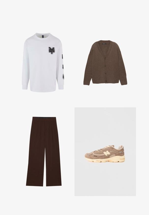 Brun strikket cardigan med V-udskæring, ribbede manchetter og kant, samt fem store knapper ned langs fronten. Blød tekstur med en afslappet pasform.; Langærmet hvid T-shirt lavet af bomuld, med sorte graffiti-lignende grafikker på venstre bryst og ærme. Klassisk rundhalset design.; Brune bredbenede bukser med plisseringer. Lavet af et glat stof, der har en skræddersyet talje og sidelommer. Flad kant nederst.; Brune ruskinds sneakers med en polstret cremefarvet sål, der har beige accenter, teksturerede paneler og et fremtrædende logo på siden.