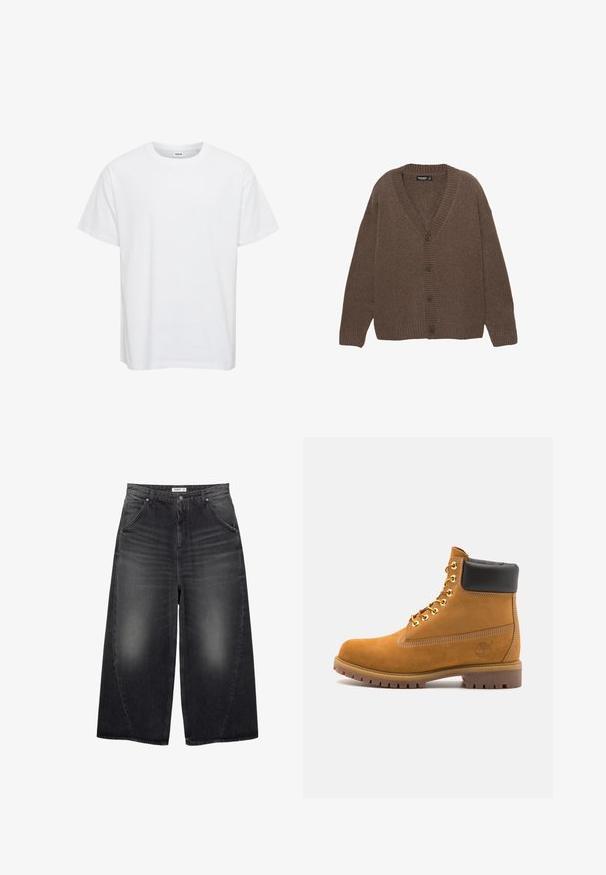 Brown knitted cardigan with a V-neck, ribbed cuffs and hem, and five large buttons down the front. Soft texture with a relaxed fit.; White cotton t-shirt with short sleeves, crew neckline, and a relaxed fit. Smooth texture, no patterns or accents. Simple design.; PULL&BEAR MEGA BAGGY - Baggy Jeans - black; Tan suede ankle boot with black padded collar, gold metal eyelets, white stitching detailing, and rugged rubber sole with pronounced treads.