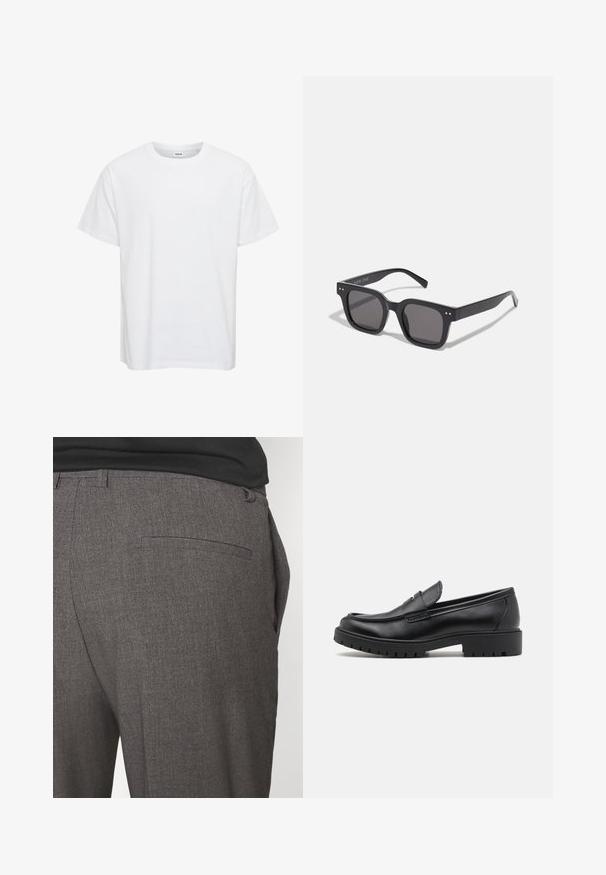 Brauner gestrickter Cardigan mit V-Ausschnitt, gerippten Bündchen und Saum sowie fünf großen Knöpfen auf der Vorderseite. Weicher Stoff mit lockerem Schnitt.; Weißes Baumwoll-T-Shirt mit kurzen Ärmeln, Rundhalsausschnitt und lockerer Passform. Glatte Textur, keine Muster oder Akzente. Einfaches Design.; Graue maßgeschneiderte Hose mit glatter Textur, ausgestattet mit einer einzigen hinteren Tasche und einem schlanken Schnitt. Der Stoff hat ein dezentes Muster.; Schwarze Lederloafers mit runder Zehenform, eleganter Schlupfdesign und dicker Gummisohle mit strukturiertem Griff. Erhöhter Absatz und dezente Nähdetails.; Schwarze rechteckige Sonnenbrillen mit dunklen Gläsern, die einen dicken Rahmen, subtile Akzente an den Seiten und keine sichtbaren Logos außer dem Markennamen aufweisen.; Leichte beiger Canvas-Umhängetasche mit zwei robusten Griffen, kontrastierendem weißen Besatz und dem Logo "THE NORTH FACE" in Schwarz an der Vorderseite.