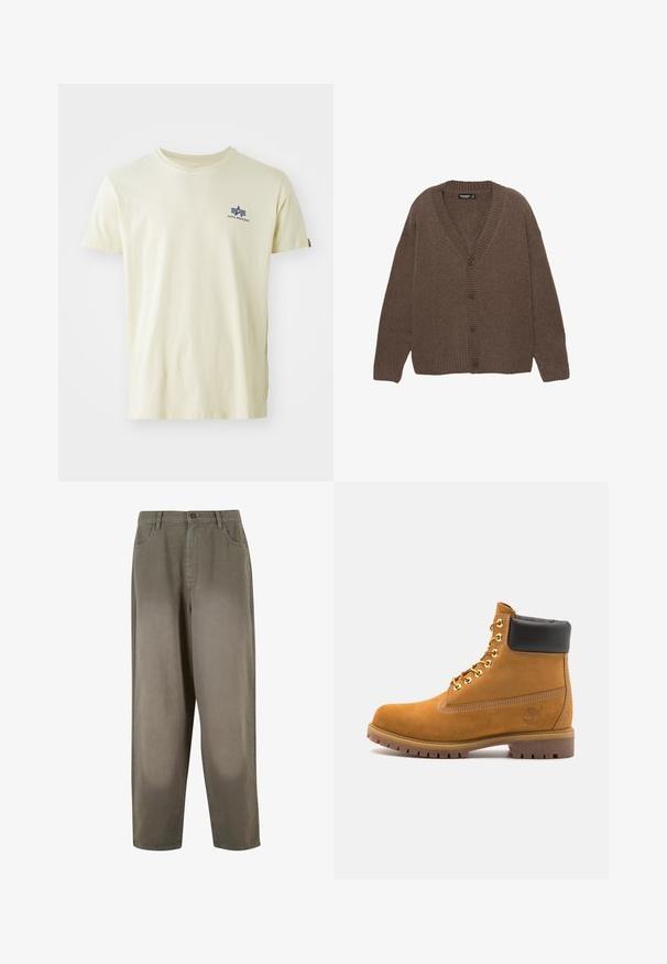 Hnědý pletený kardigan s výstřihem do V, žebrovanými manžetami a lemem, a pěti velkými knoflíky vpředu. Měkká textura s uvolněným střihem.; Krémové bavlněné tričko s modrým logem na levé straně hrudi. Standardní kulatý výstřih a krátké rukávy bez jakýchkoli vzorů nebo akcentů.; Světle zelené široké kalhoty vyrobené z měkké tkaniny. Mají zapínání na knoflík, přední kapsy a hladký celkový vzhled.; Hnědé semišové kotníkové boty s černým polstrovaným límcem, zlatými kovovými očky, bílým prošíváním a odolnou gumovou podrážkou s výraznými drážkami.